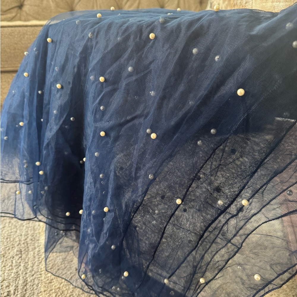 Navy Blue Sheer Fabric with Pearl Accents